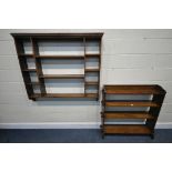 A 19TH CENTURY OAK BOOK SHELF, width 101cm x depth 26cm x height 102cm, and an oak wall mounted book