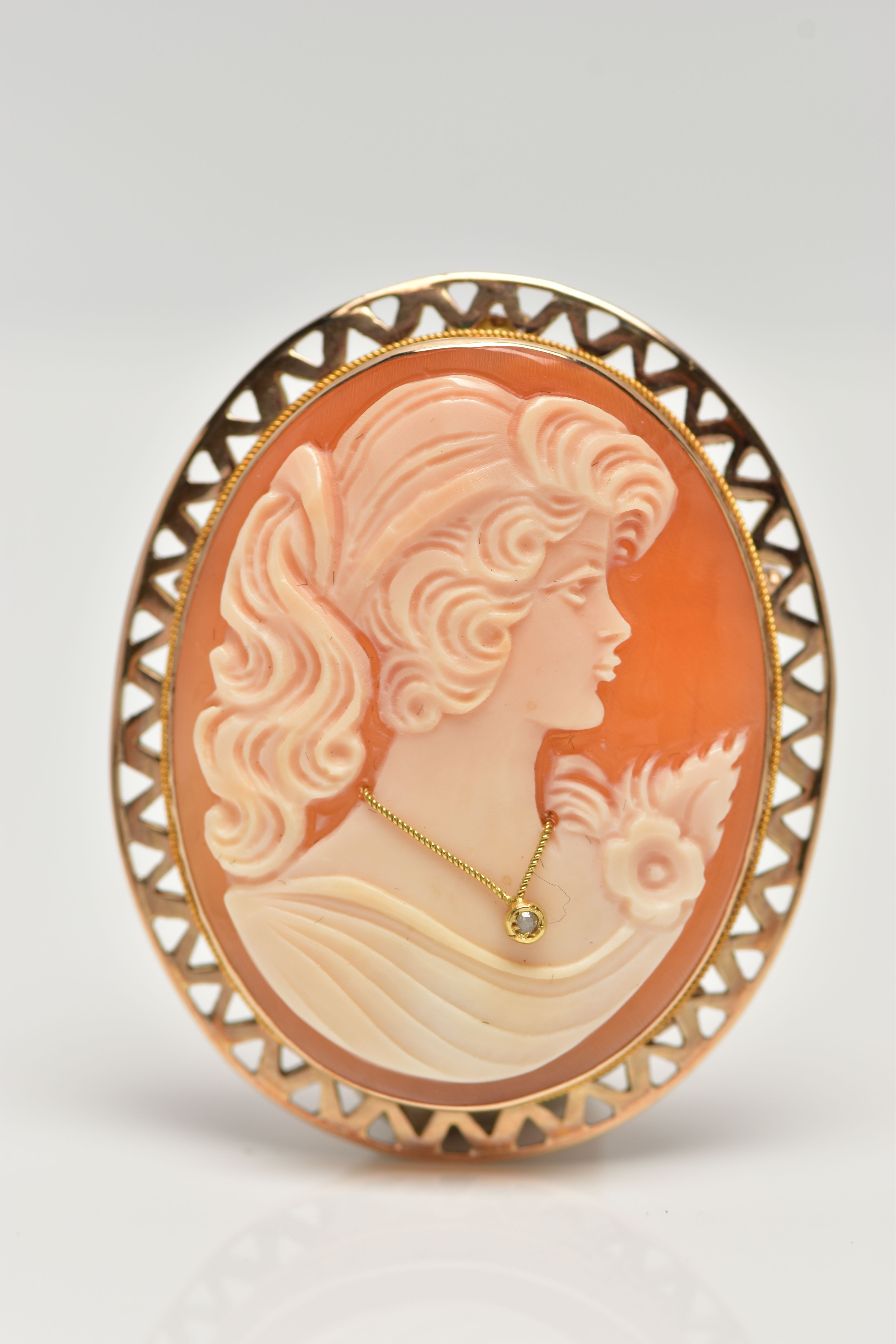 A 9CT GOLD HABILLE CAMEO BROOCH, carved oval shell cameo, depicting a lady in profile, dressed