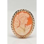 A 9CT GOLD HABILLE CAMEO BROOCH, carved oval shell cameo, depicting a lady in profile, dressed