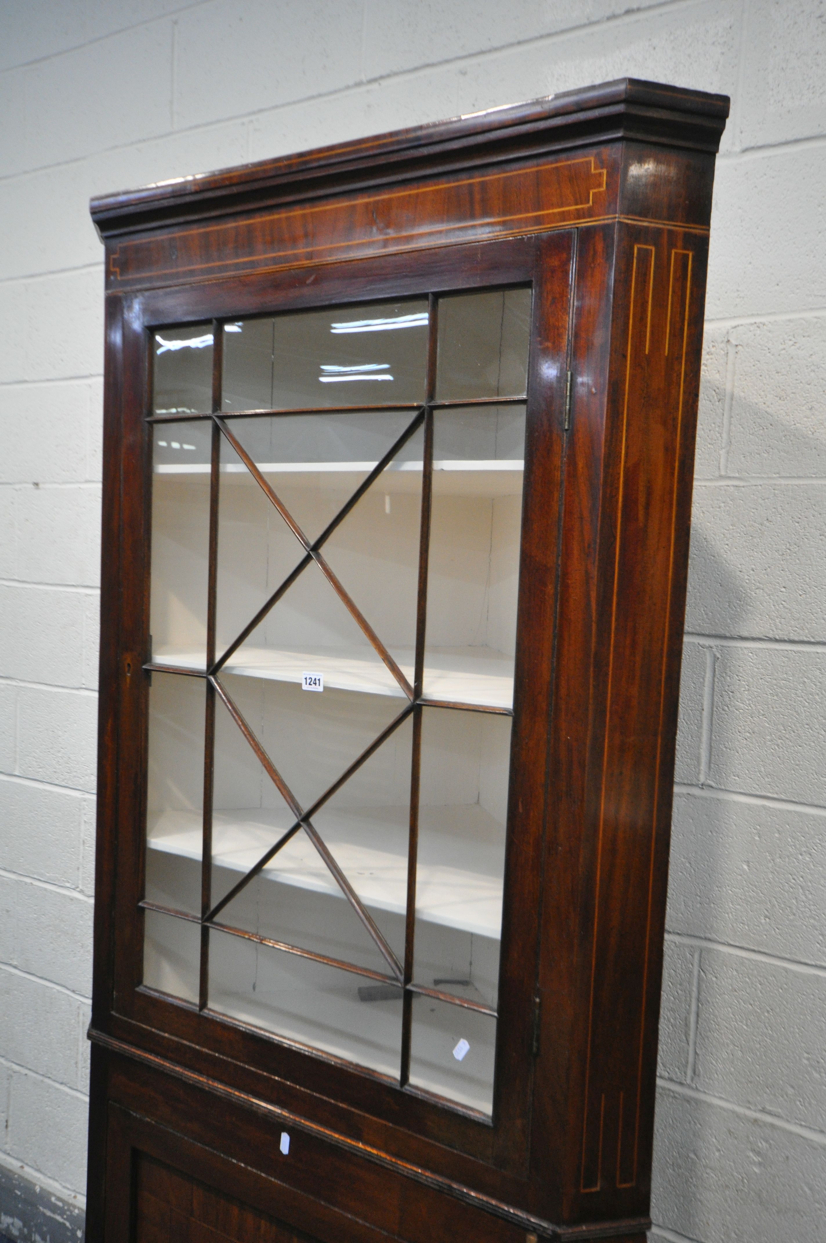 A GEORGIAN MAHOGANY AND INLAID CORNER CUPBOARD, the top section with a single astragal glazed door - Image 2 of 3