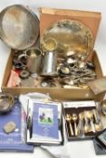 A BOX OF ASSORTED WHITE METAL WARE, to include a boxed 'Arthur Price', silver plated photo frame,