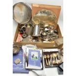 A BOX OF ASSORTED WHITE METAL WARE, to include a boxed 'Arthur Price', silver plated photo frame,