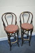 A PAIR OF BENDWOOD HIGH CHAIRS (condition:-some cracking wood, and worn finish)