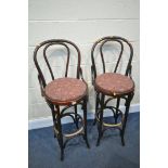 A PAIR OF BENDWOOD HIGH CHAIRS (condition:-some cracking wood, and worn finish)