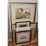 EIGHT PAINTINGS AND PRINTS, COMPRISING A WATERCOLOUR SIGNED A. MONTAGUE, depicting three figures