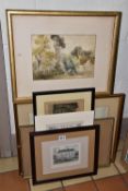 EIGHT PAINTINGS AND PRINTS, COMPRISING A WATERCOLOUR SIGNED A. MONTAGUE, depicting three figures