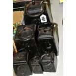 A COLLECTION OF SIX CAST IRON WEIGHTS, comprising 1lb, 2lb, 4lb, 7lb, 14lb, 28lb (6) (Condition