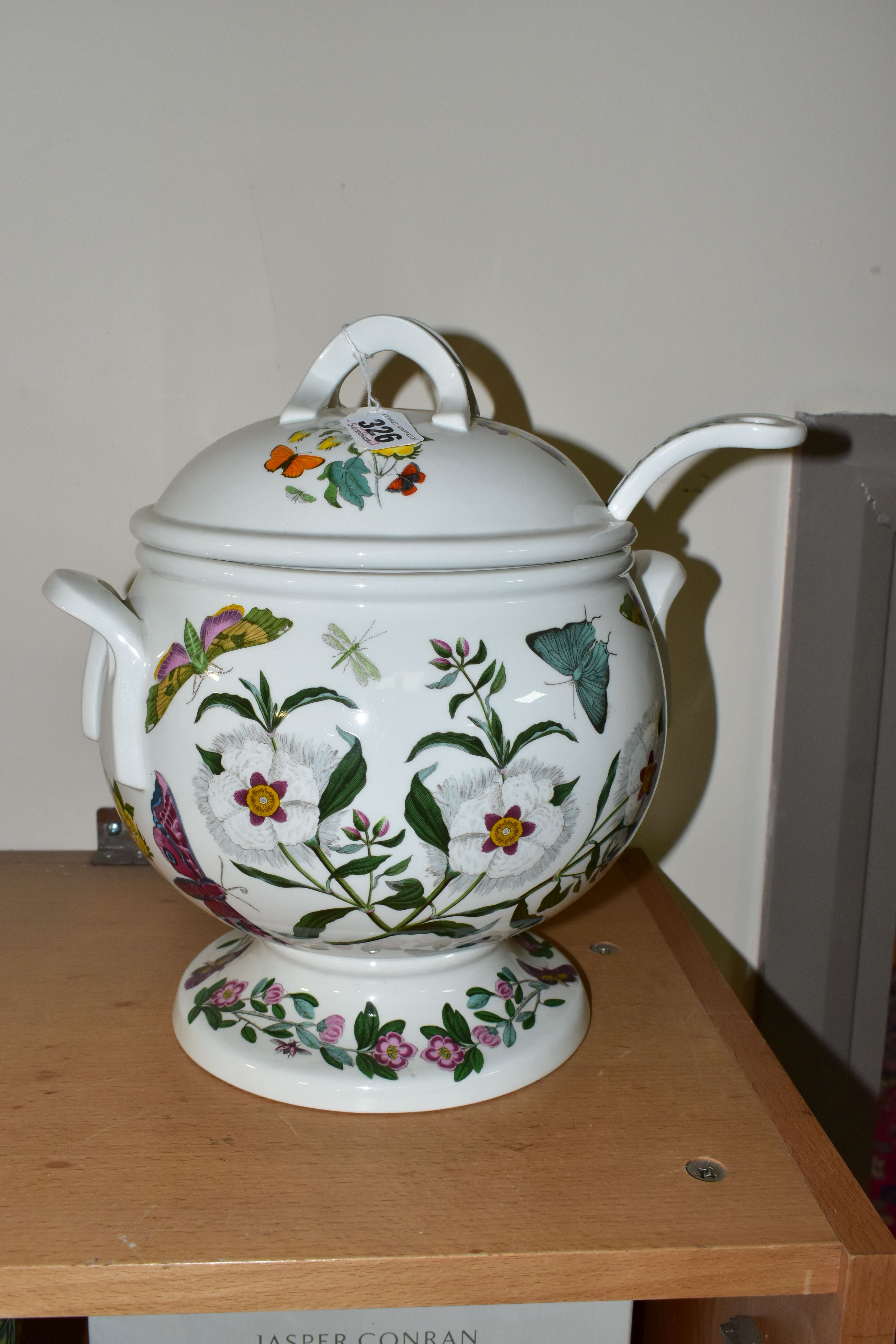 A PORTMEIRION BOTANIC GARDEN SOUP TUREEN, COVER AND LADLE, with twin handles, approximate height
