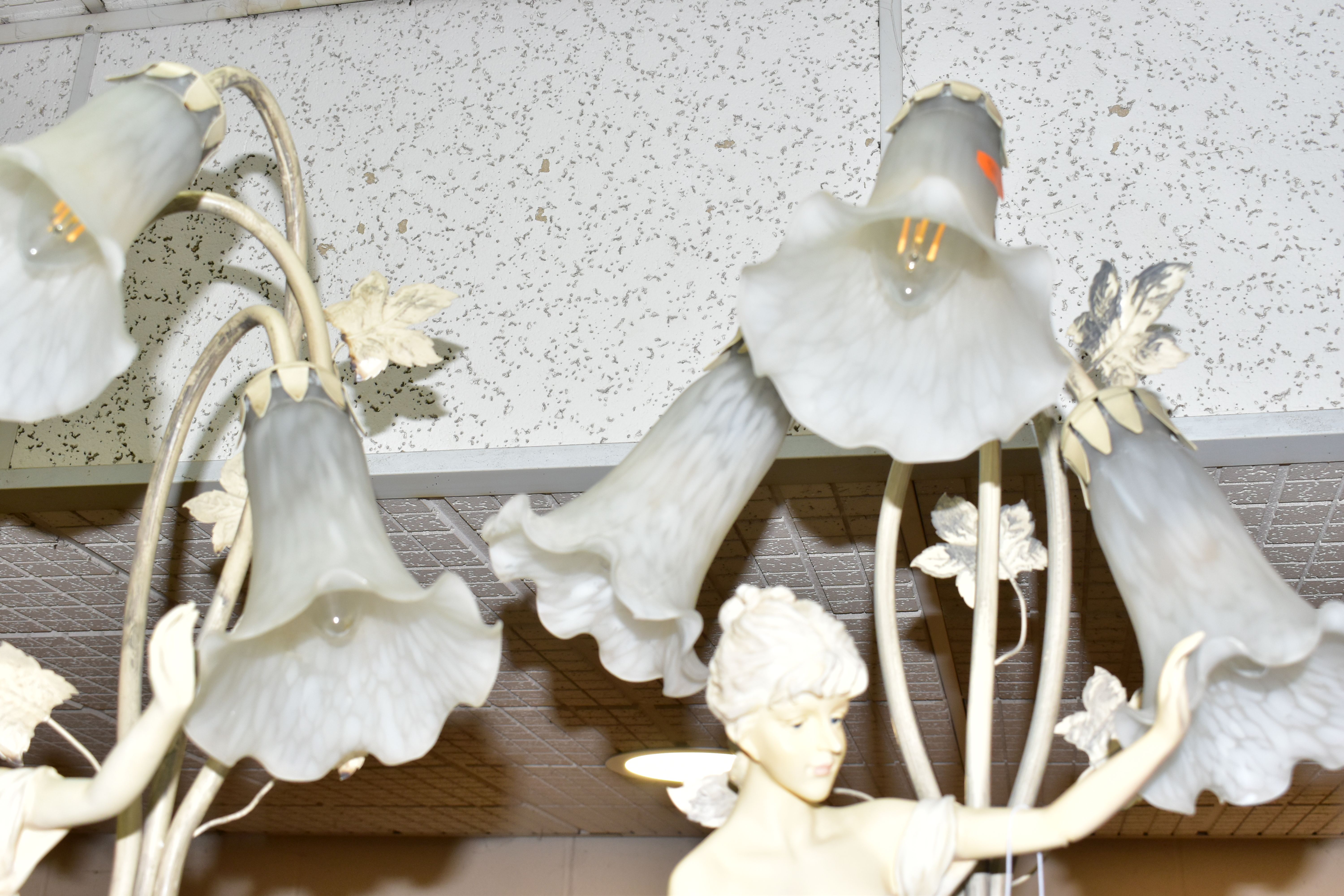 A PAIR OF FIGURAL TABLE LAMPS, three mottled white glass shades on each lamp in the form of flowers, - Image 10 of 10