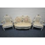 A 20TH CENTURY CREAM AND GILT PAINTED FRENCH SOFA, with an arched back, length 122cm, and a pair
