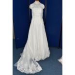 WEDDING DRESS, LQ Designs, white, lace train, beaded lace appliques, satin buttoned back detail,