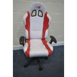 A PRO MECH WHITE AND RED LEATHERETTE GAMING CHAIR (condition:-two tear to stitching at the seat)
