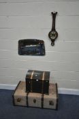 A VINTAGE CANVASS TRAVELINNG TRUNK, along with an modern hinged chest, a frameless wall mirror,