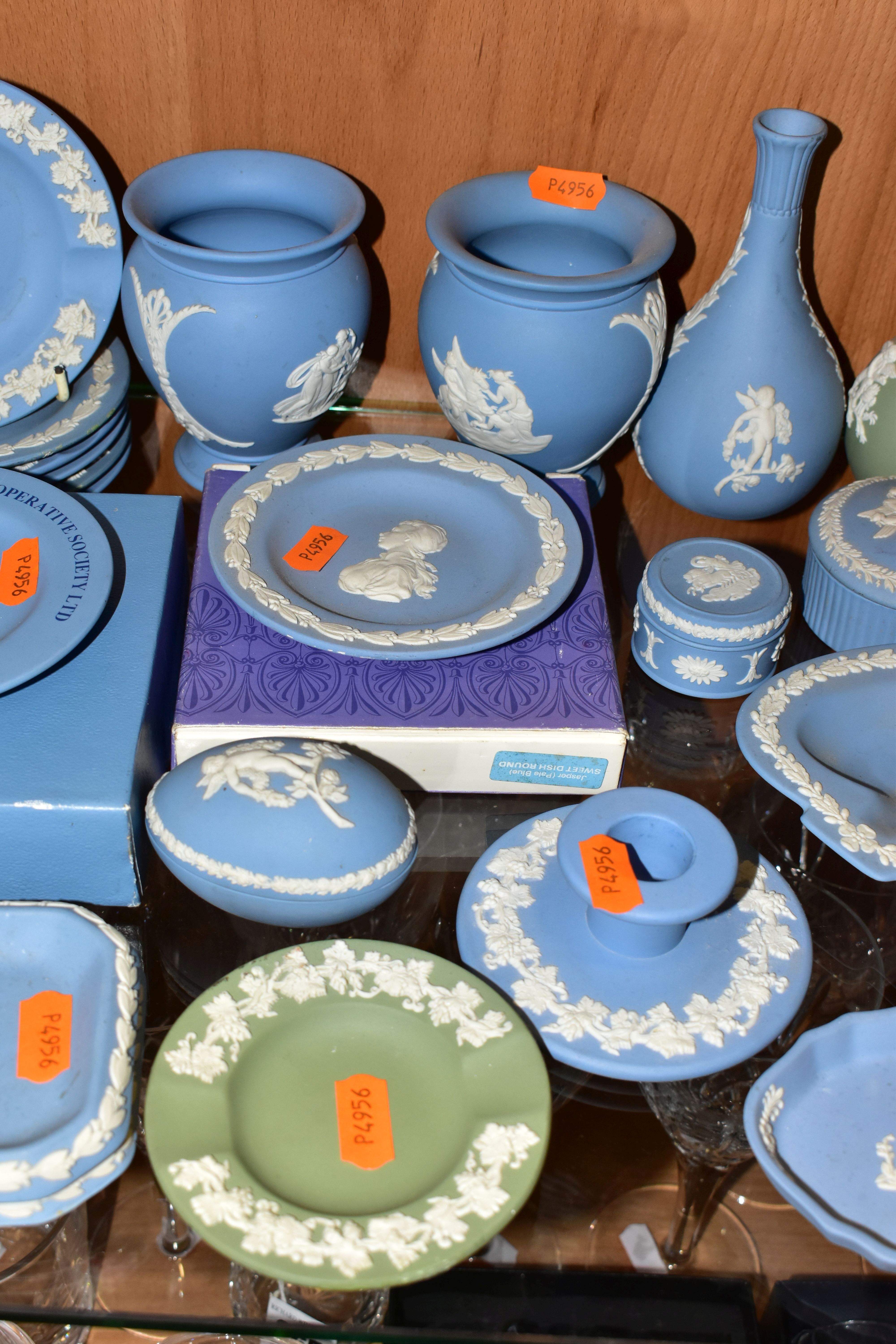 A COLLECTION OF WEDGWOOD JASPERWARES, mainly light blue pieces, to include six vases, tallest - Image 4 of 6
