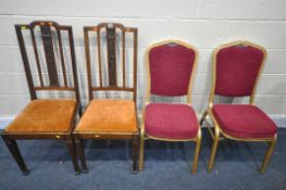 A PAIR OF EDWARDIAN MAHOGANY HIGH BACK CHAIRS, with drop in seat pads, and two gold painted metal