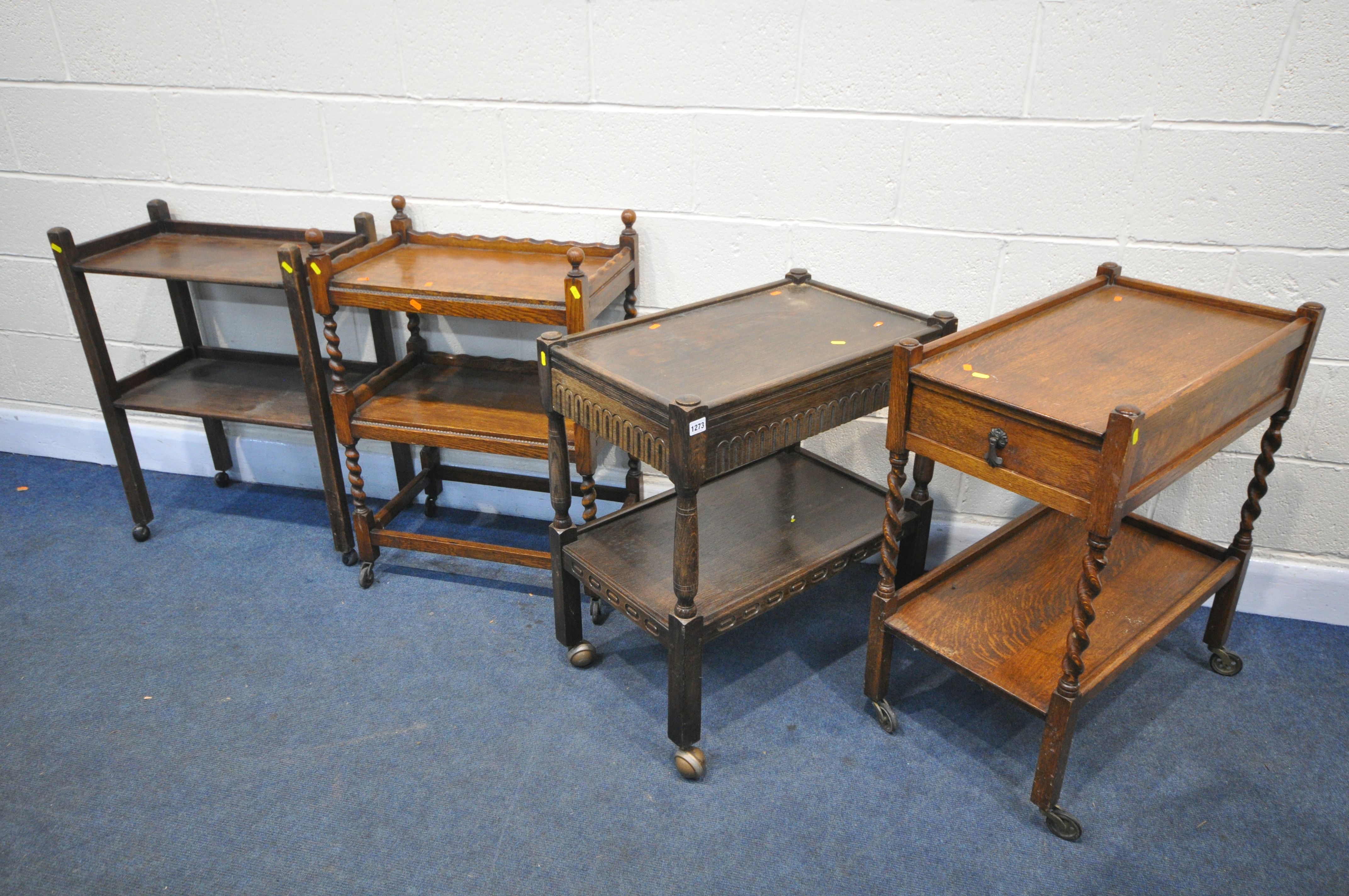 FOUR VARIOUS OAK TEA TROLLEYS (4)