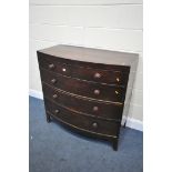 A GEORGIAN MAHOGANY BOWFRONT CHEST OF TWO SHORT OVER THREE LONG DRAWERS, with turned handles, on