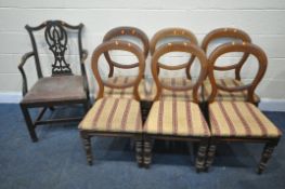 A SET OF SIX MAHOGANY BALLOON BACK DINING CHAIRS, with stripped seat pads, and a Chippendale style