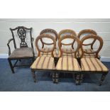 A SET OF SIX MAHOGANY BALLOON BACK DINING CHAIRS, with stripped seat pads, and a Chippendale style