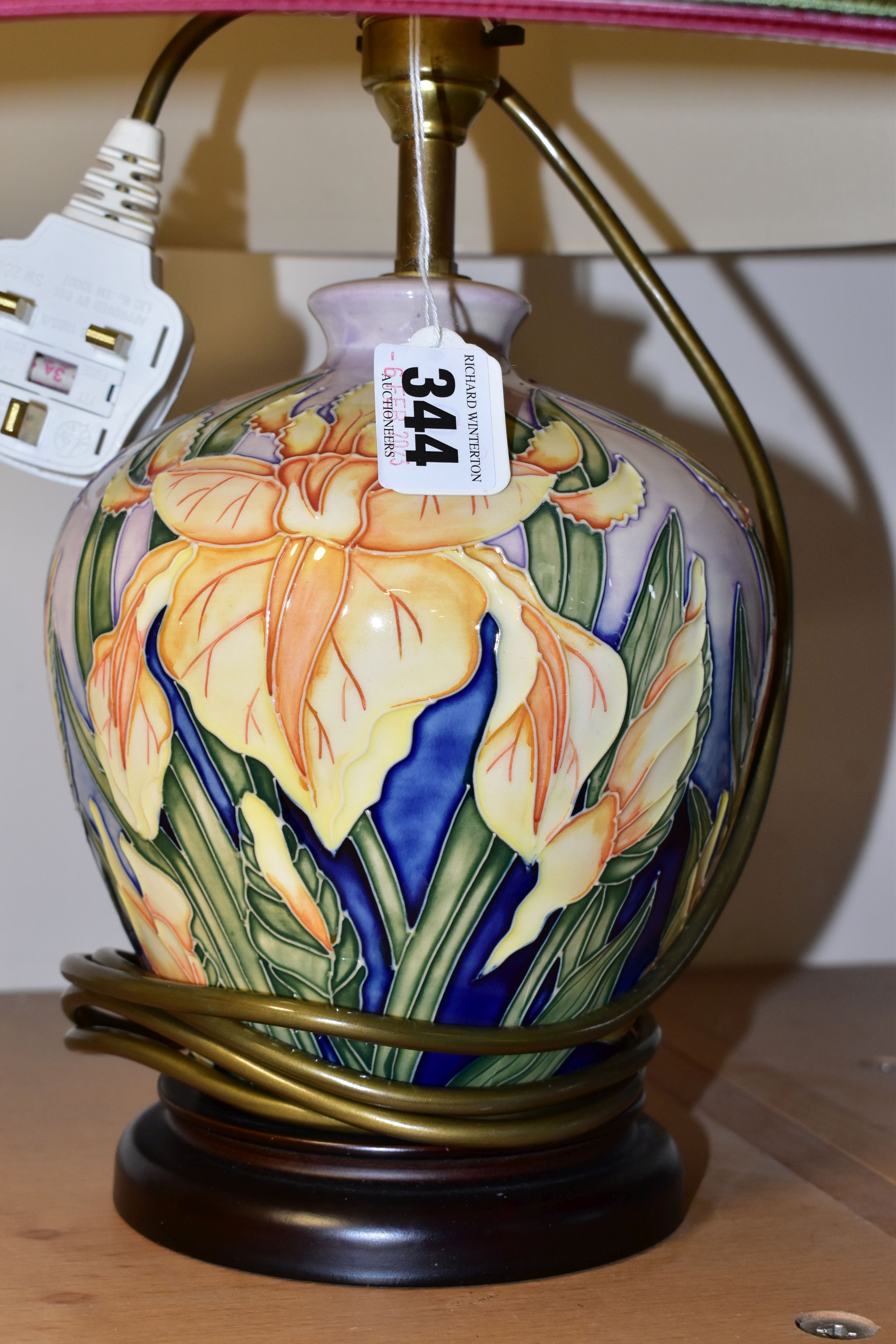 A PAIR OF MOORCROFT POTTERY 'WINDRUSH IRIS' TABLE LAMPS, of baluster form on wooden bases, decorated - Image 3 of 5