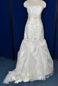 WEDDING GOWN, white strapless gown, pleated bodice pearl and beaded appliques, size 10 (1)