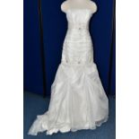 WEDDING GOWN, white strapless gown, pleated bodice pearl and beaded appliques, size 10 (1)