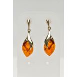 A PAIR OF 9CT GOLD, AMBER DROP EARRINGS, each designed as an oval amber drop in a yellow gold mount,