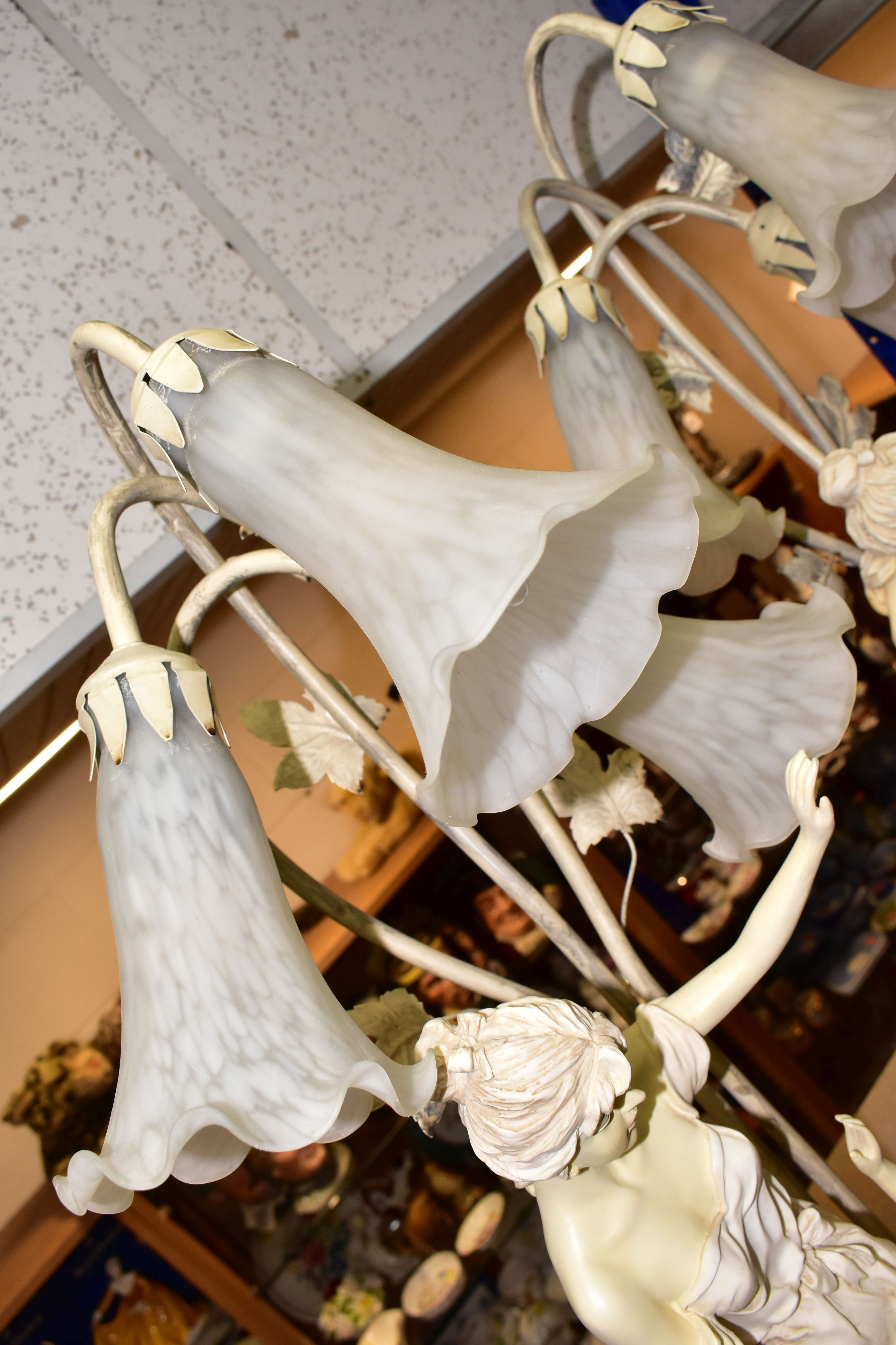 A PAIR OF FIGURAL TABLE LAMPS, three mottled white glass shades on each lamp in the form of flowers, - Image 3 of 10