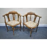 TWO SIMILAR EDWARDIAN MAHOGANY AND INLAID CORNER CHAIRS