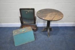 A GEORGIAN OAK TRIPOD TABLE, diameter 68cm x height 68cm, along with a Victorian swing mirror and