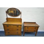 AN EARLY TO MID 20TH CENTURY OAK DRESSING CHEST, with a single oval mirror, and three drawers, width