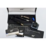 A CASED SET OF TWO 'MONTBLANC' PENS AND OTHER ITEMS, to include a black lacquer with gold trim,