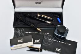 A CASED SET OF TWO 'MONTBLANC' PENS AND OTHER ITEMS, to include a black lacquer with gold trim,