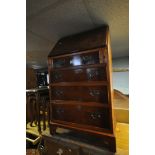 A SLIM YEWWOOD BUREAU, with four drawers, width 56cm x depth 45cm x height 98cm, and a blanket chest