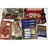 A BOX OF ASSORTED ITEMS, to include various pieces of costume jewellery, brooches, pin badges,