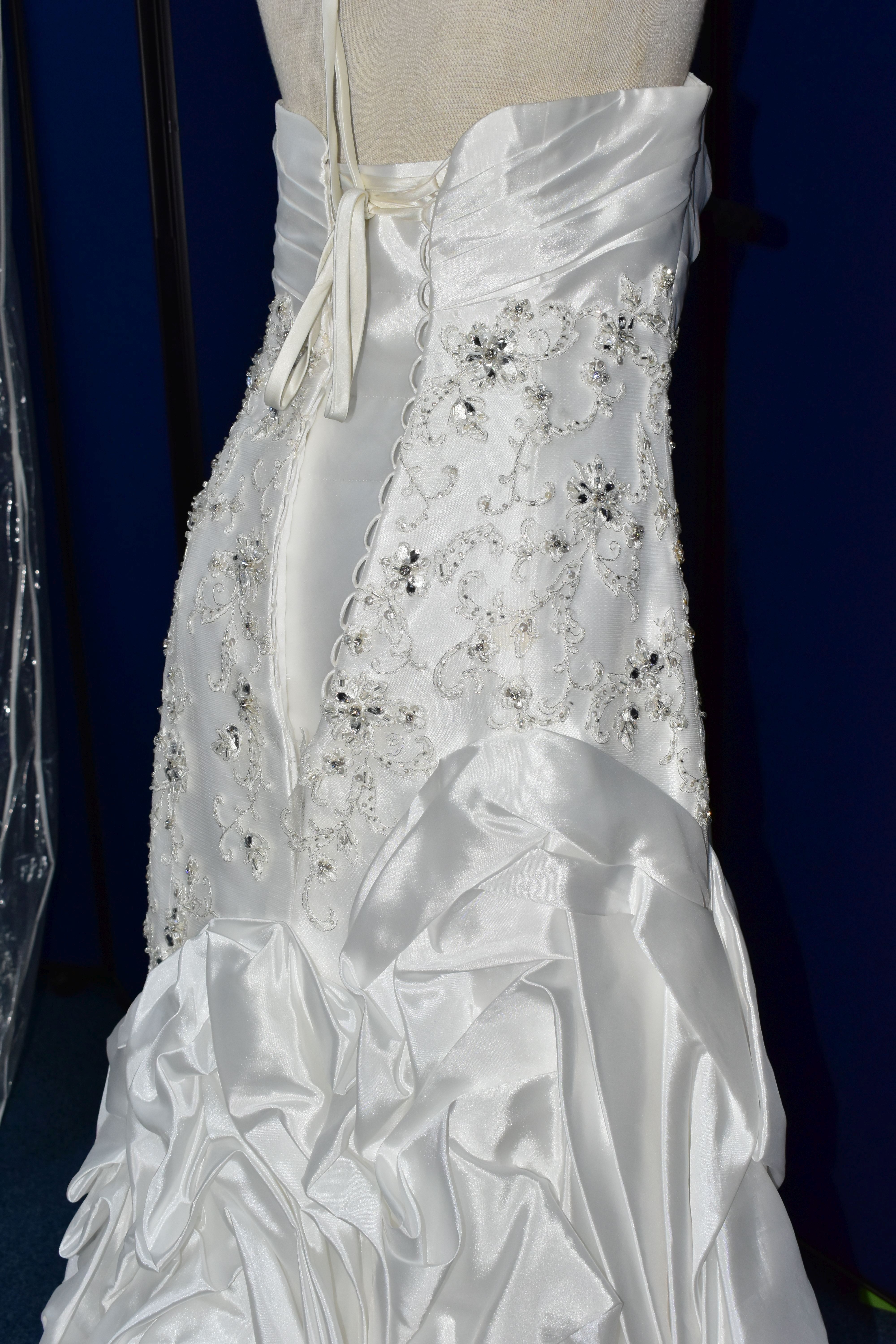 WEDDING GOWN, 'Sophia Tolli' white satin, size 8, strapless, ruched skirt, beaded detail on - Image 17 of 17