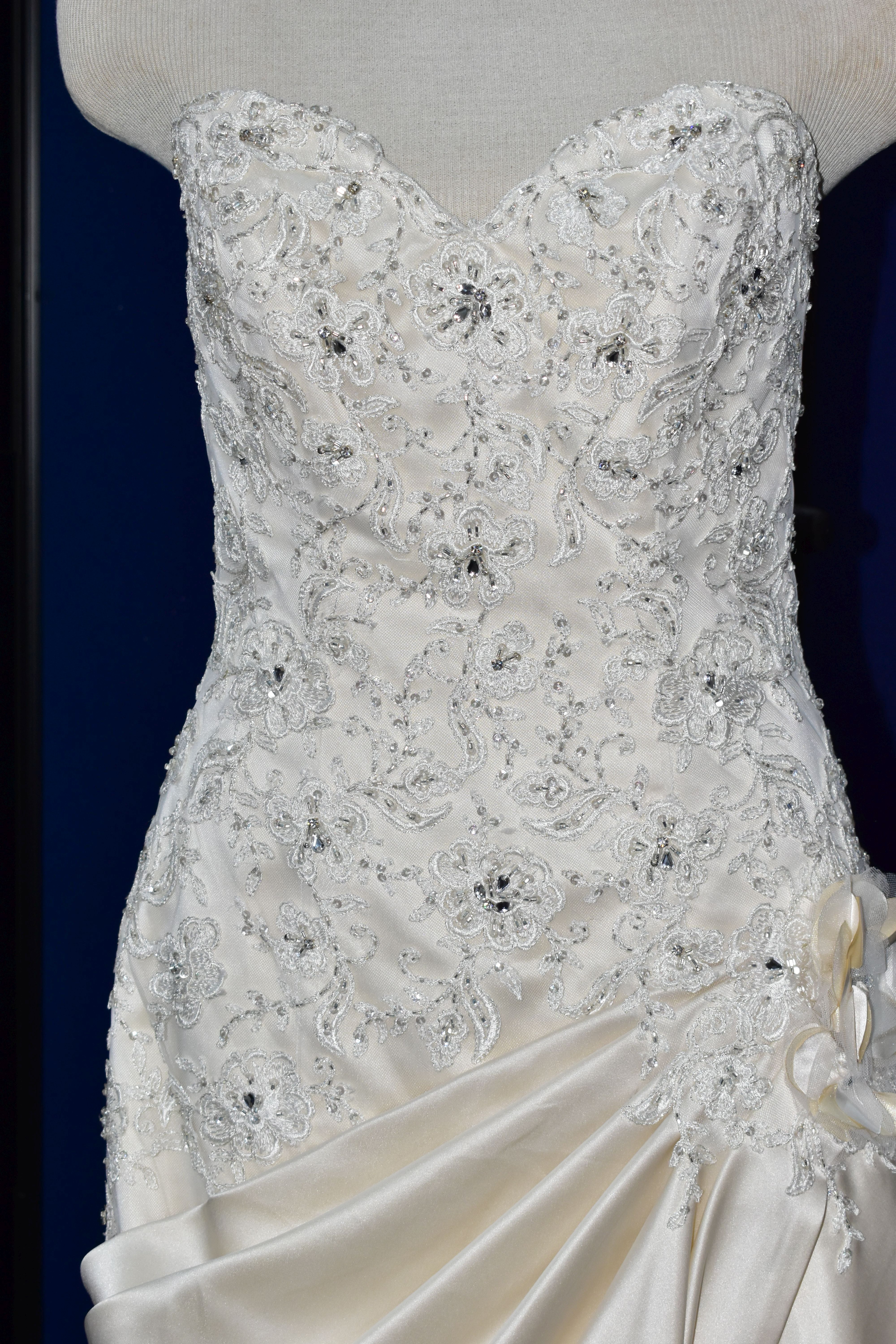 WEDDING GOWN, champagne, size 10/12, satin with beaded appliques, gathered satin skirt (1) - Image 3 of 13