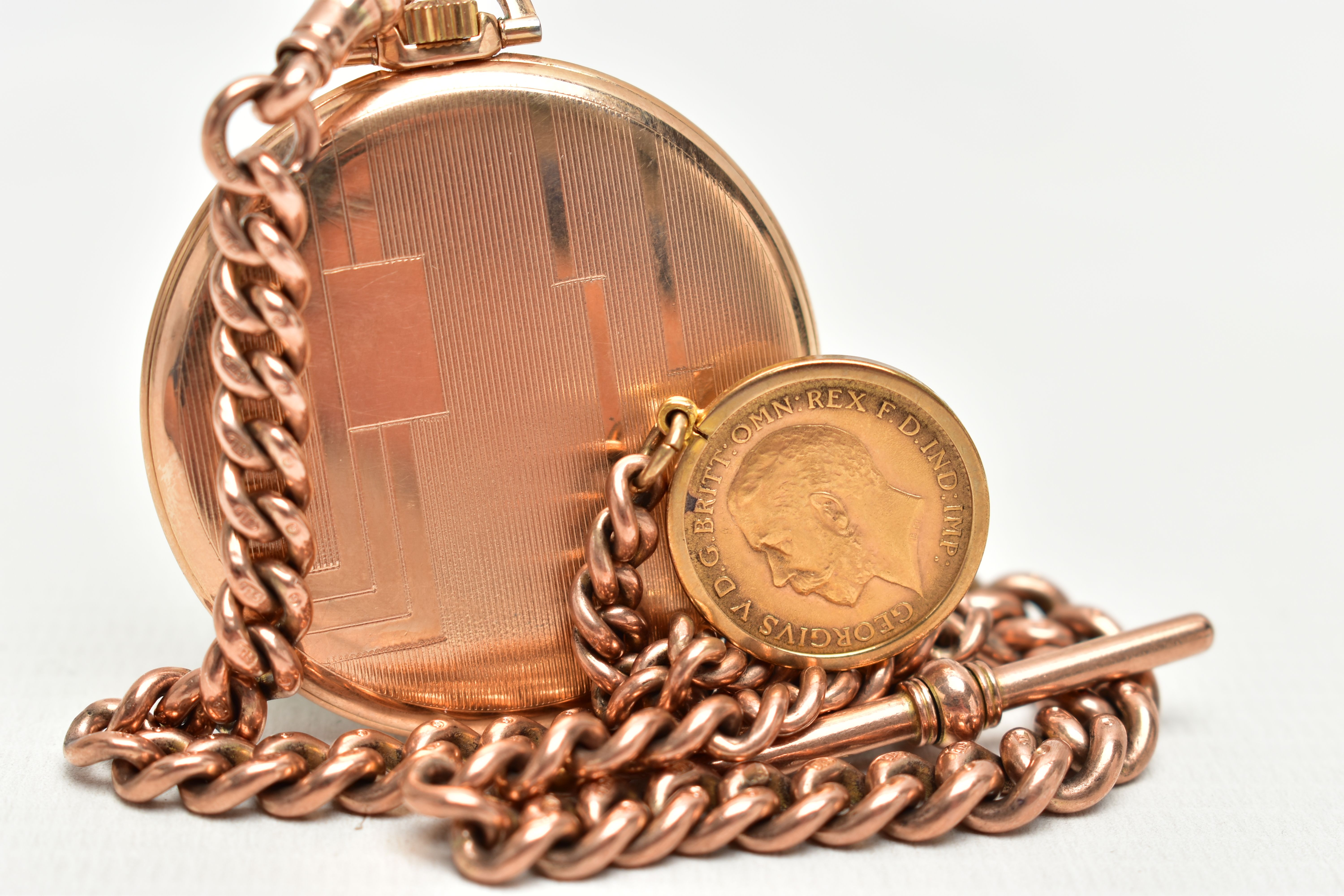 A 9CT GOLD ALBERT CHAIN WITH A 'BENTIMA' POCKET WATCH AND A HALF SOVEREIGN COIN, graduated rose gold - Image 3 of 3