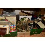 FIVE BOXES AND LOOSE METALWARES, SUITCASES, EPHEMERA AND SUNDRY ITEMS, to include a small quantity