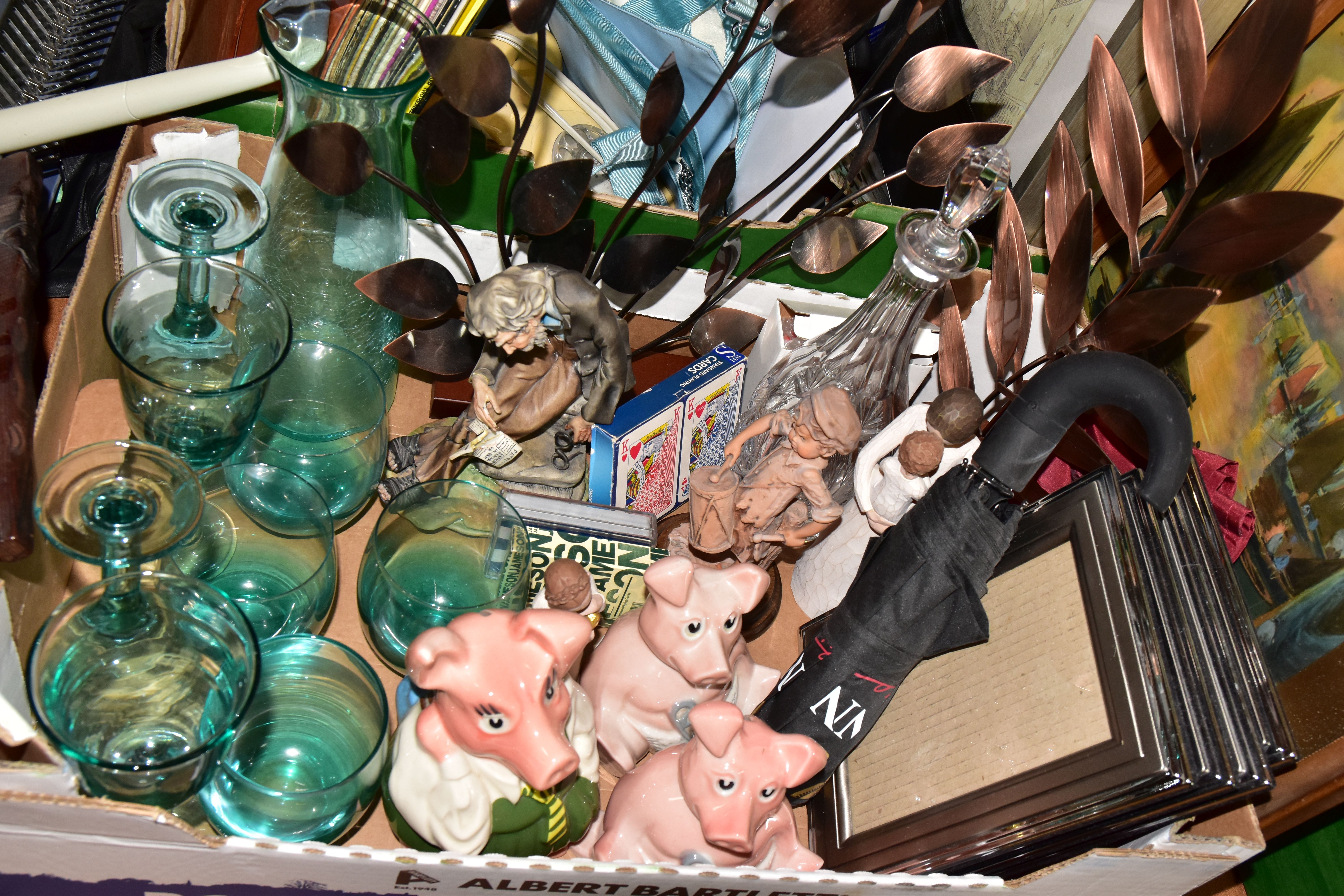 TWO BOXES OF ASSORTED SUNDRIES, to include three Nat West piggies, a cut glass decanter, two - Image 2 of 5