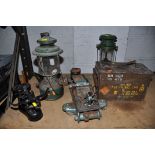 A VINTAGE MILITARY CASE ,along with two vintage paraffin lamps, a set of vintage black scales, a