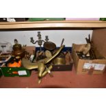THREE BOXES AND LOOSE METALWARES, to include a large brass eagle perched on a branch, height 50cm,