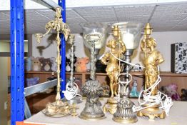 A GROUP OF METALWARE AND TABLE LAMPS, comprising a pair of early 20th Century figural table lamps in
