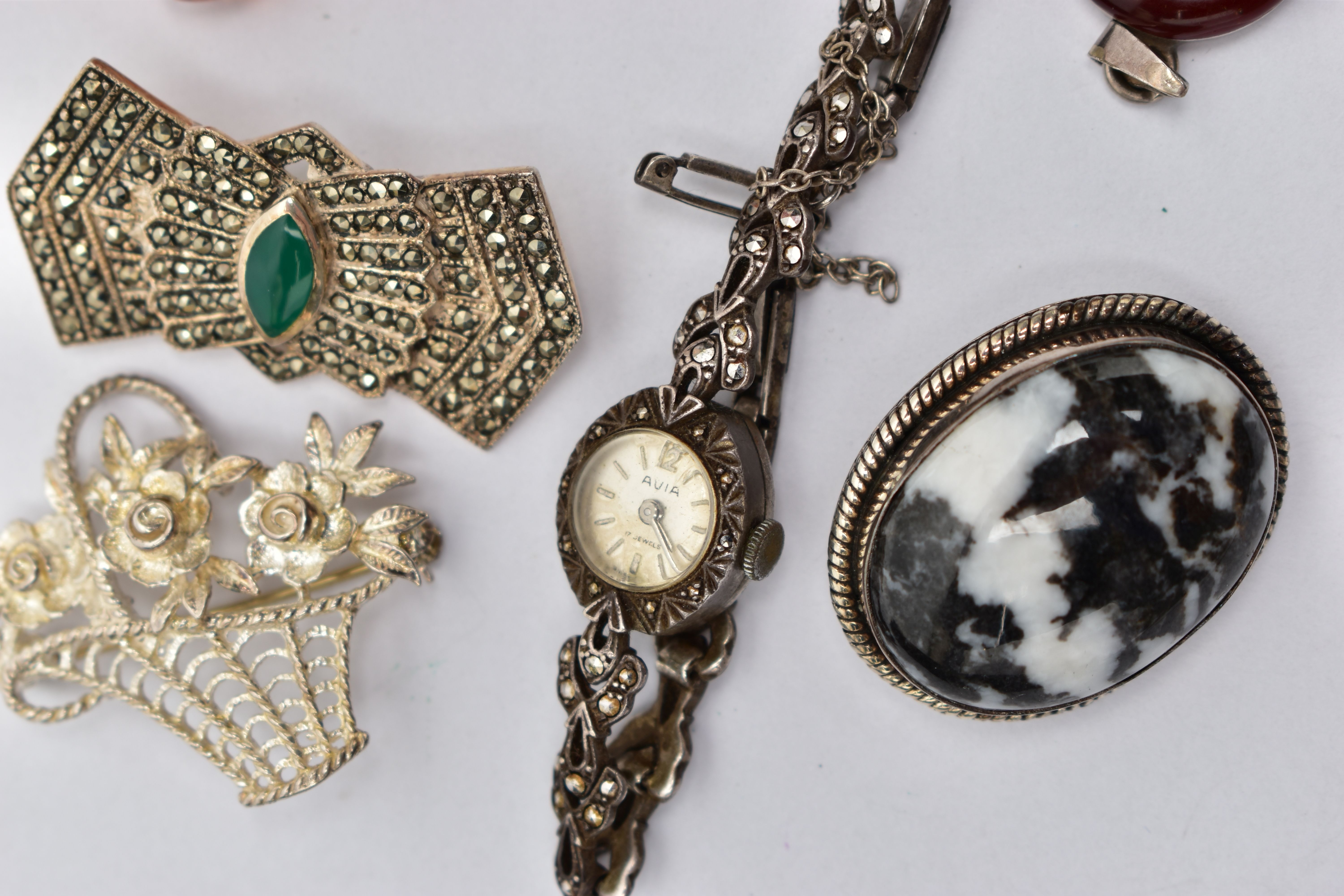 A SELECTION OF JEWELLERY, to include a lady's silver and marcasite 'Avia' wristwatch, manual wind, - Image 2 of 3