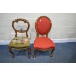 A 19TH CENTURY LOUIS XVI STYLE WALNUT SPOON BACK CHAIRS, with brass mounts, and red fabric, along