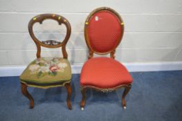 A 19TH CENTURY LOUIS XVI STYLE WALNUT SPOON BACK CHAIRS, with brass mounts, and red fabric, along