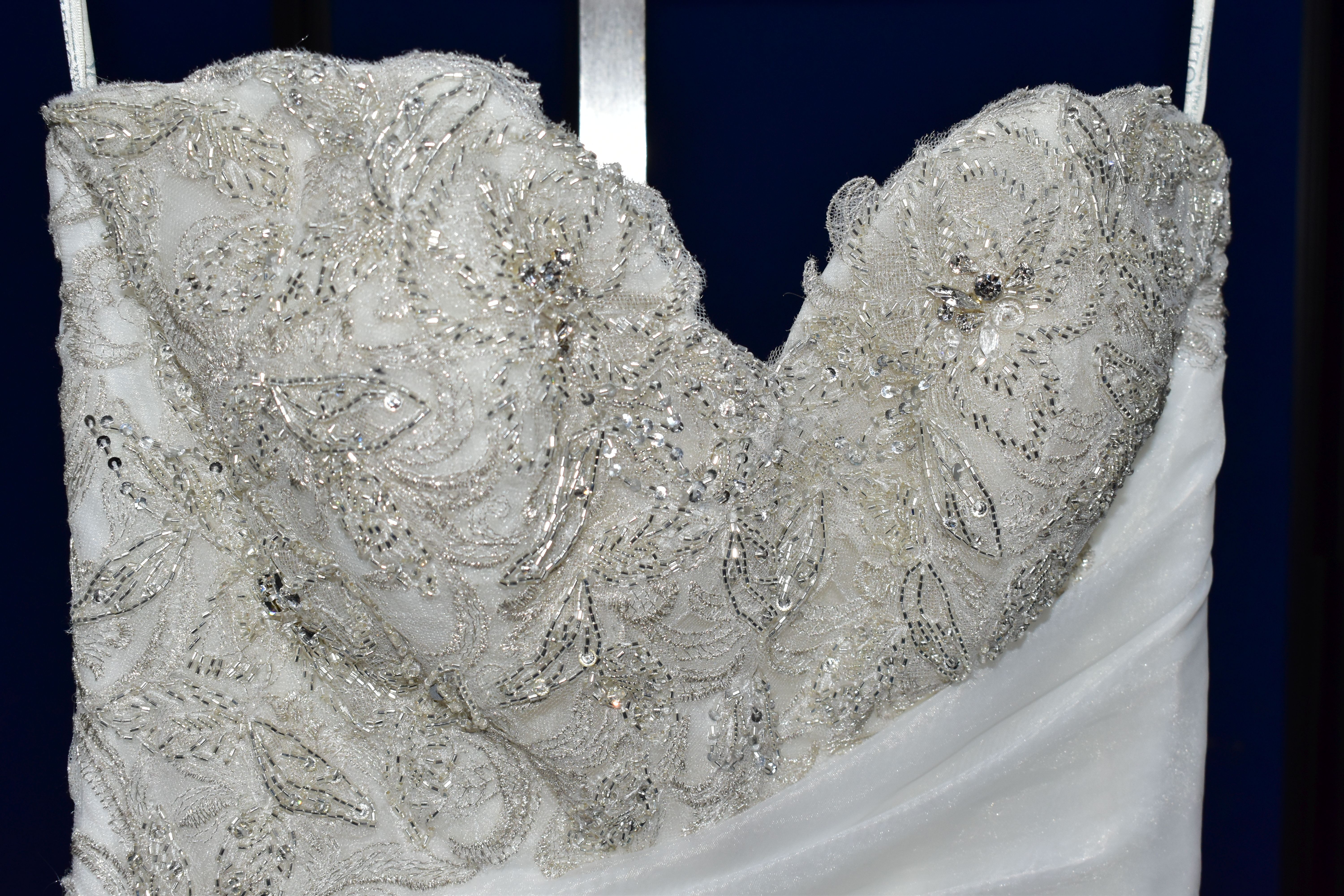 WEDDING DRESS, size 6, long train, pewter accent beaded appliques, strapping detail in the back, - Image 6 of 10