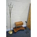 A ASK SERIOUS READERS ADJUSTABLE READING DESK LAMP, a brass floor lamp, a teak sewing box, atomic