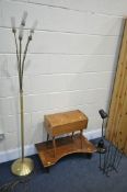 A ASK SERIOUS READERS ADJUSTABLE READING DESK LAMP, a brass floor lamp, a teak sewing box, atomic