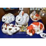 FIVE ROYAL CROWN DERBY PAPERWEIGHTS, comprising Collectors' Guild exclusives: Puppy, Bunny, Bank